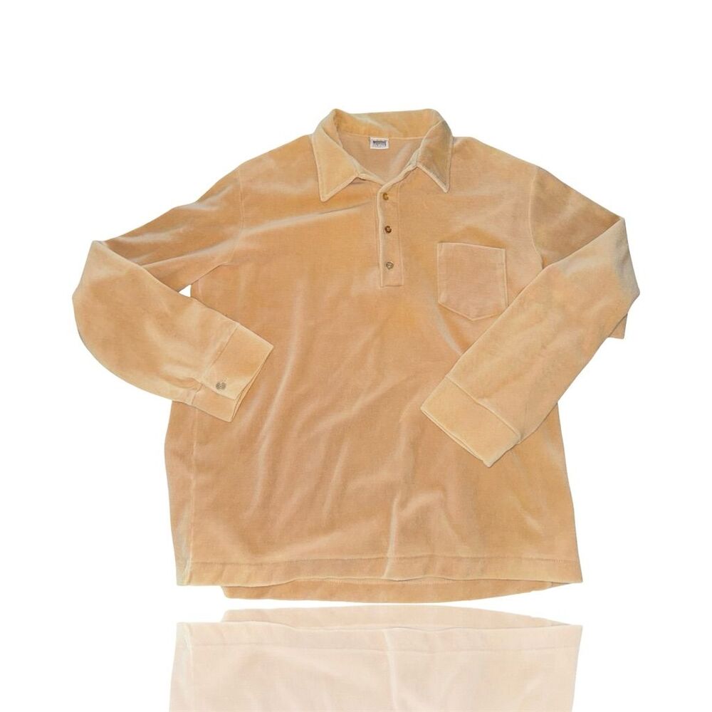 Vintage Montgomery Ward Men's XL Brown Velour Long Sleeve Polo Shirt: 70’s
